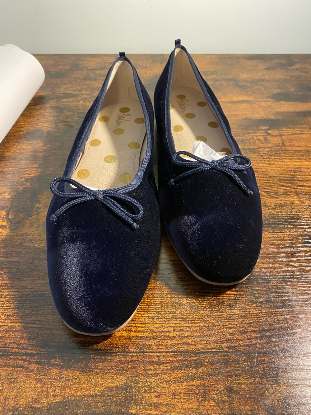 Boden Navy Velvet Ballet Flats with Gold Logo